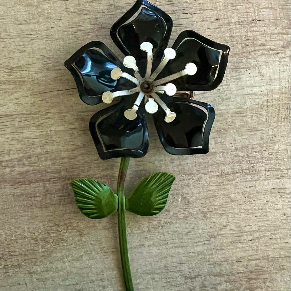 Large Vintage Metal Enamel Flower Brooch Black & White Dogwood Flower Pin